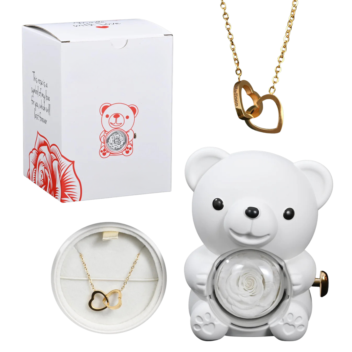 Rose Bear with Necklace – Engraved with Your Names